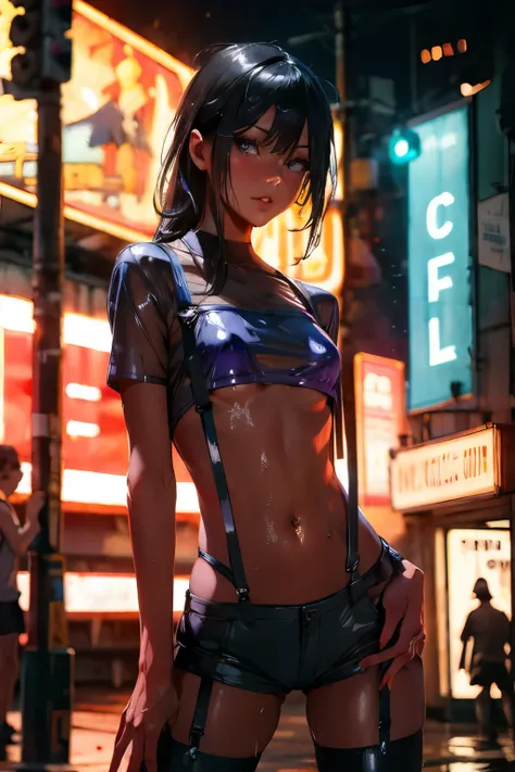 best qyality, wet T-shirt, T-shirt raised to the chest, perky , 8k,  stocking suspenders,  woman, medium breasts, neon street, noir style, professional light