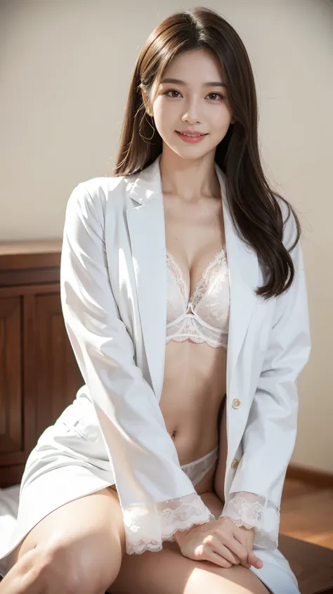 专业诊所的一位美丽的女doctor, (best quality, high resolution, very detailed), Wearing a neat white lab coat and form-fitting lace lingerie., And a warm smile appeared on her face. doctor&#39;clear eyes, Your nose shape is perfect, and sweet lips. The clinic is bright...