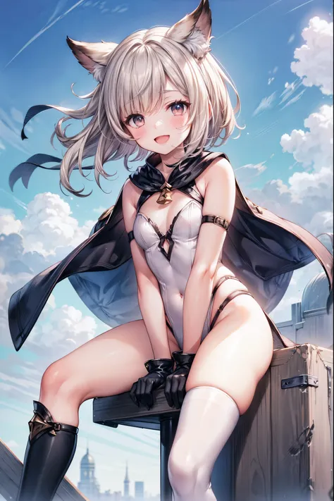 GRANBLUEfantasy,1young_teen_ girl,brown_hair,medium_bob_hair,platina_blond_hair,white_leotard,covered_crotch,thigh-highs,smile,standing,bluesky_landscape_background,slightly_spread_legs,happiness, short_gloves ,solo, r18, navel,relicbuster,short,boots,open...