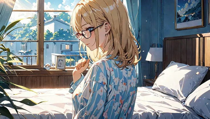 (Blonde and bespectacled woman)、(Listening to background music in the bedroom with the morning light streaming in)、(Extremely detailed、masterpiece、Highest quality、bright)、(Anime Style)
background：A room bathed in gentle morning light：Calm eyes closed、Looki...