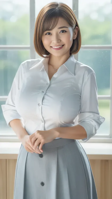 ((Highest quality, 8k, masterpiece, photograph: 1.3)),Live-action photograph (Looking at the audience), (close:0.85), Attractive business mature woman, 5,, White collared shirt,((Big Breasts:1.3))、((BIG ASS))、 Grey Skirt,  Bright office、Bright, Sunny Morni...