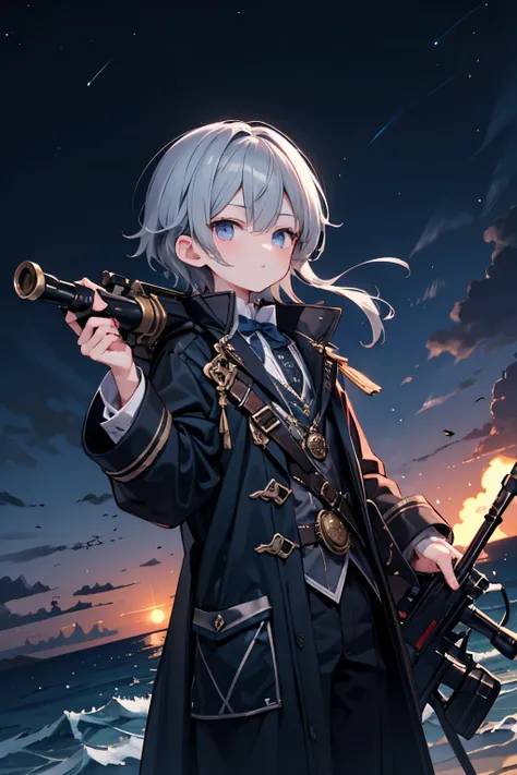 (( young BOY)), dark gray hair, sea, night, A coat that is white in the front and dark blue-grey in the back with metal details, dark blue gray eyes, Steampunk, cute, Long barrel revolver in each hand