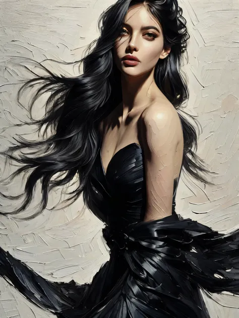 A beautiful woman in a serene rural landscape, long flowing black hair, wearing a deep breath pro-style dress with intriguing striped, striated rope, lines, filigree, chiaroscuro shadow, innovative lighting effects, dynamic movement, flirty and attractive ...