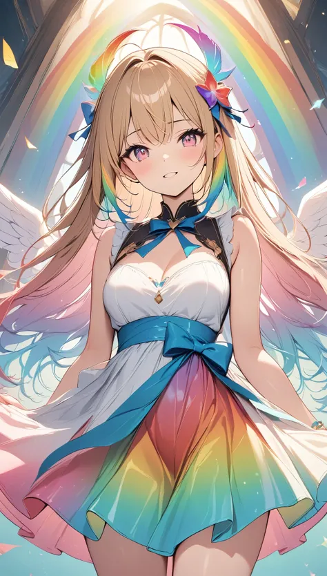 Light, ((absurd and unreasonable)), 超high resolution, Attention to detail, high quality, high resolution, Top quality, 4K, 8K, artwork, marvelous, rainbow, rainbow hair, Long hair, rainbow天使, spreading wings, ((rainbow翅膀扑腾)), Beautiful Angel, cute angel