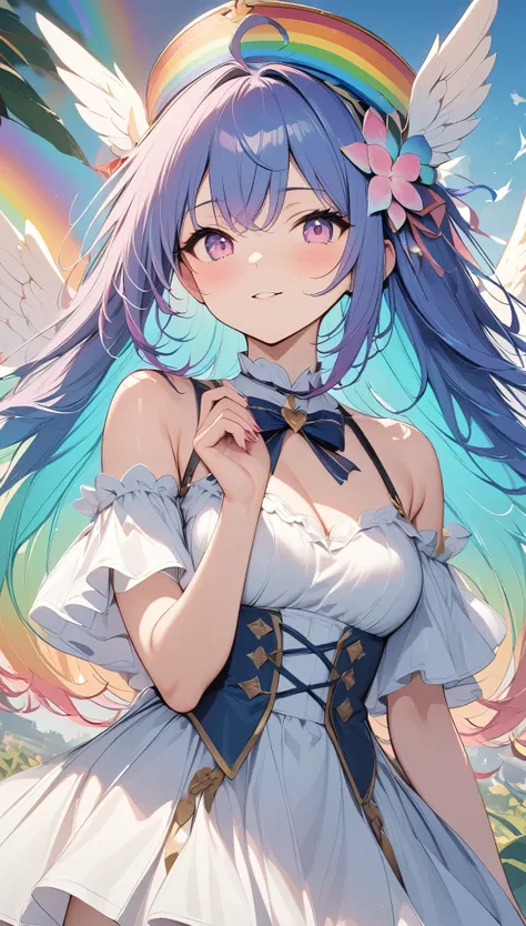 Light, ((absurd and unreasonable)), 超high resolution, Attention to detail, high quality, high resolution, Top quality, 4K, 8K, artwork, marvelous, rainbow, rainbow hair, Long hair, rainbow天使, spreading wings, ((rainbow翅膀扑腾)), Beautiful Angel, cute angel