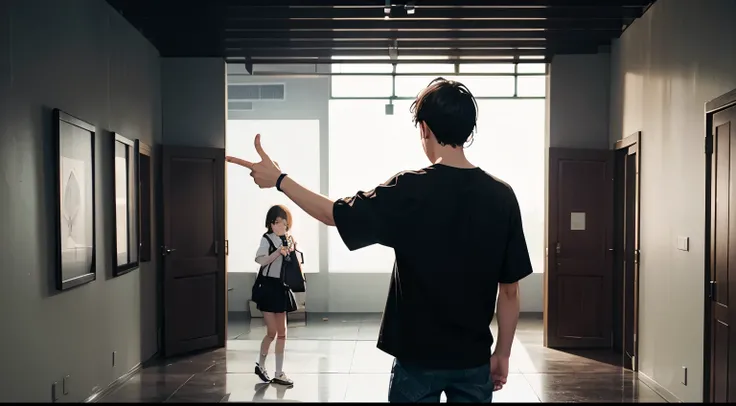 girl weraing white shirt in black pleated skirt, carrying bagpack