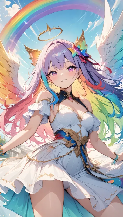 Light, ((absurd and unreasonable)), 超high resolution, Attention to detail, high quality, high resolution, Top quality, 4K, 8K, artwork, marvelous, rainbow, rainbow hair, Long hair, rainbow天使, spreading wings, ((rainbow翅膀扑腾)), Beautiful Angel, cute angel