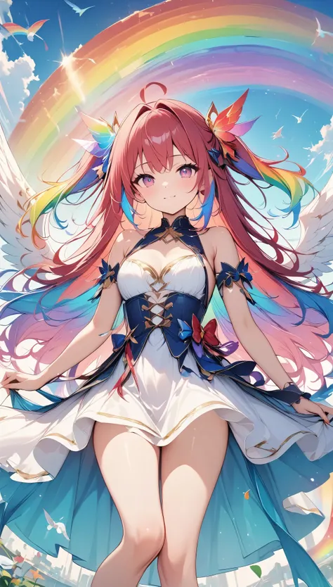 Light, ((absurd and unreasonable)), 超high resolution, Attention to detail, high quality, high resolution, Top quality, 4K, 8K, artwork, marvelous, rainbow, rainbow hair, Long hair, rainbow天使, spreading wings, ((rainbow翅膀扑腾)), Beautiful Angel, cute angel