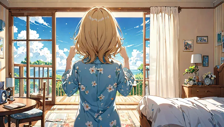 (Blonde and bespectacled woman)、(Listen to background music in a bedroom with a beautiful view of the blue sky)、(Extremely detailed、masterpiece、Highest quality、bright)、(Anime Style)
background：A gentle breeze rustles the curtains in this room：Calm eyes clo...