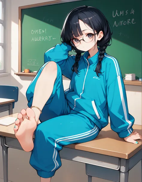 scorce_9,score_8_up,score_7_up,score_6_up,score_5_up,,1girl,solo,black hair,baggy blue and white track suit,baggy blue and white...