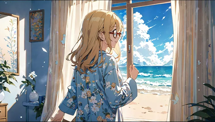 (Blonde and bespectacled woman)、(Listen to background music in a bedroom with a beautiful view of the blue sky)、(Extremely detailed、masterpiece、Highest quality、bright)、(Anime Style)
background：A gentle breeze rustles the curtains in this room：Calm eyes clo...