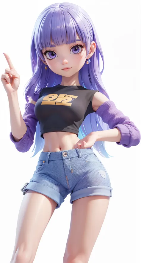C4D modeling,3D diorama,Introducing gestures,Finger pointing to one side,One hand on waist,A beautiful q girl,Purple bangs long hair,Black long skirt。This is a 3D cartoon game character rendered in Unreal Engine 5 style,Simple background,This image was cre...