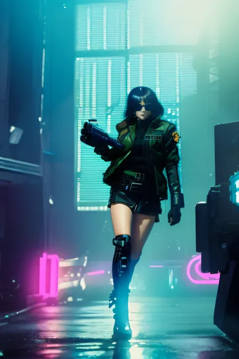 masterpiece, major motoko kusanagi, dystopian cityscape, (((tactical vest, extremely short pleated (((miniskirt)))))), (((((matr...