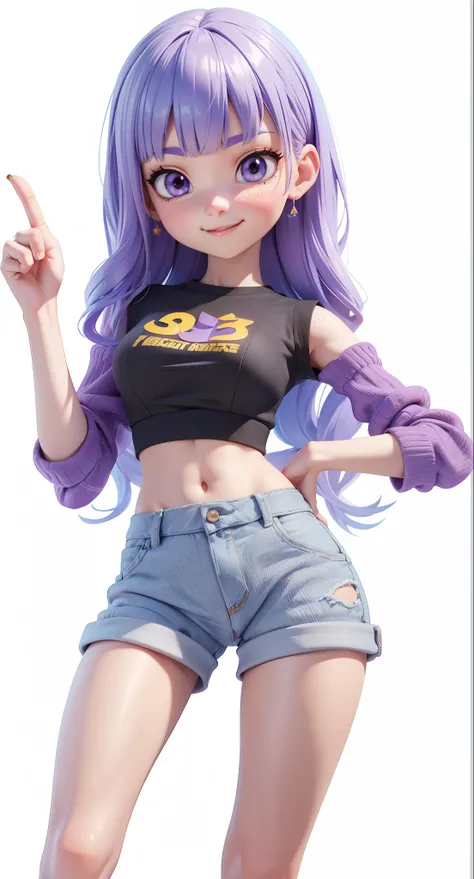 C4D modeling,3D diorama,Sweet face,Smile,Cute girl,Finger pointing to one side,One hand on waist,A beautiful q girl,Purple bangs long hair,Black long skirt。This is a 3D cartoon game character rendered in Unreal Engine 5 style,Simple background,This image w...