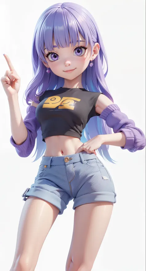 Smile,sweet,cute,Finger pointing to one side,One hand on waist,A beautiful q girl,Purple bangs long hair,Black long skirt。This is a 3D cartoon game character rendered in Unreal Engine 5 style,Simple background,This image was created using Unreal Engine 5,F...