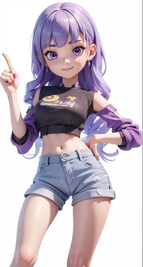 C4D modeling,3D diorama,Sweet face,Smile,Cute girl,Finger pointing to one side,One hand on waist,A beautiful q girl,Purple bangs long hair,Black long skirt。This is a 3D cartoon game character rendered in Unreal Engine 5 style,Simple background,This image w...