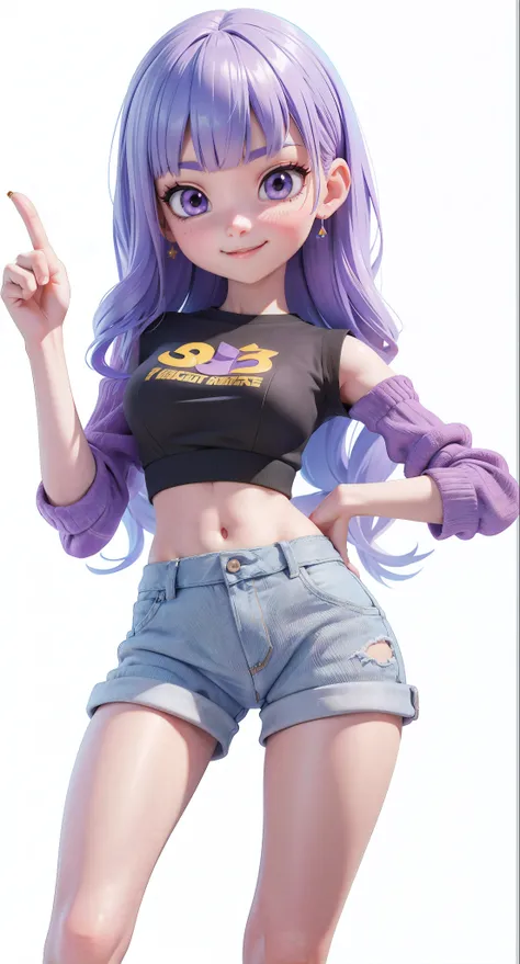 C4D modeling,3D diorama,Sweet face,Smile,Cute girl,Finger pointing to one side,One hand on waist,A beautiful q girl,Purple bangs long hair,Black long skirt。This is a 3D cartoon game character rendered in Unreal Engine 5 style,Simple background,This image w...