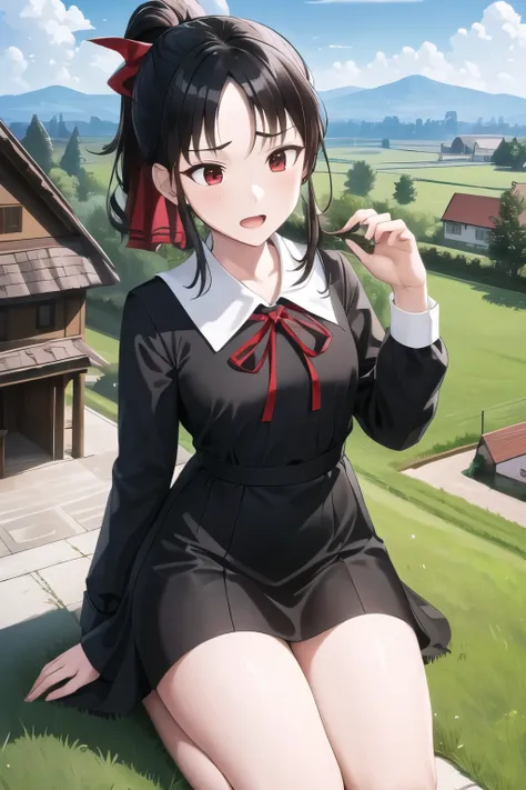 giantess looming over a single house in a field, kneeling, partially obscured, kneeling over a house in a field, one leg obscured, 1leg, tower between her legs, destroying a building, destruction, debris, crushing a building, tiny building between her legs...