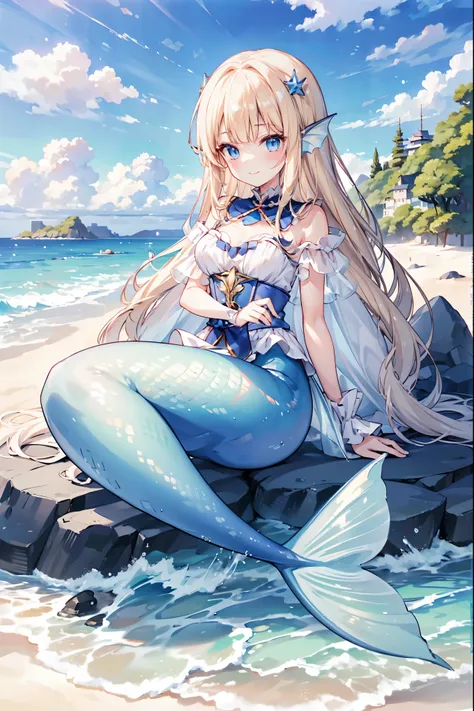 masterpiece, best quality,princessmia20,a girl,head fin,blue eyes,blonde,独奏,mermaid,蓝色的mermaid尾巴,full-body shot,beach,sea view,s...