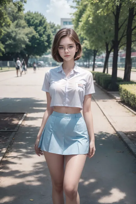 1 girl, (((at park))), (transparent white shirt), (wet shirt), (mini skirt), (pastel blue skirt), RAW photo, (photorealistic:1.37, realistic), highly detailed CG unified 8K wallpapers, 1girl, ((slender body:1)), (small breasts:1.3), looking at viewer, ((st...