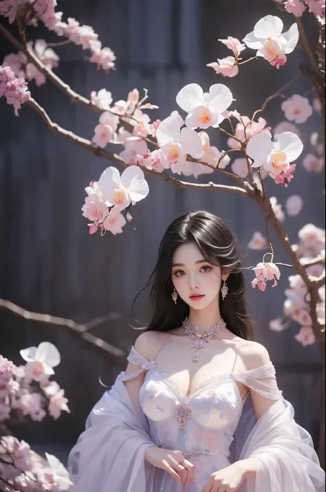 （Quality Improvement：1.4），1 girl, Full breasts，Visible cleavage，Sexy long legs，The skirt is very short，She gently lifted her skirt with one hand,Surrounded by white Phalaenopsis orchids，Lilac dendrobium、White Lily, Flying petals，（Top quality leather), Deli...