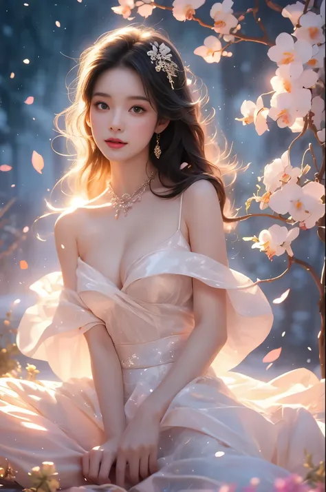 （Quality Improvement：1.4），1 girl, Full breasts，Visible cleavage，Sexy long legs，The skirt is very short，She gently lifted her skirt with one hand,Surrounded by white Phalaenopsis orchids，Lilac dendrobium、White Lily, Flying petals，（Top quality leather), Deli...