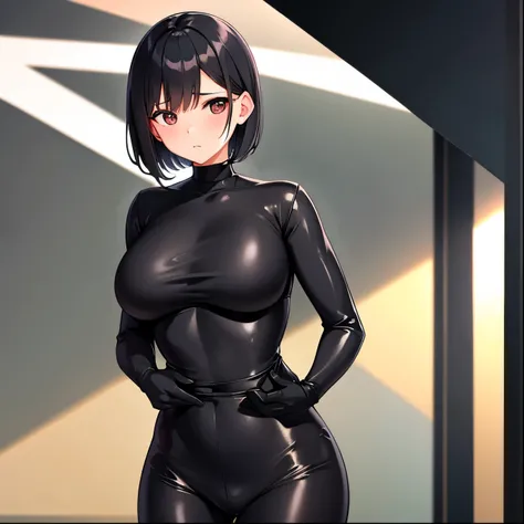 Black tight suit,girl,Very Short Hair,Black Hair,Boyish hairstyle,Cool look,blush,Large Breasts,