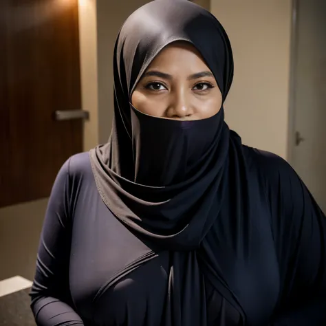 Age around 50 to 55-Years-Old, Hijab Indonesian mature woman, ( Massive Large  : 1.2), Burqa, curvy body, Breast about To burst out from her clothes, at doctor office, Dark light, at Nighttime.