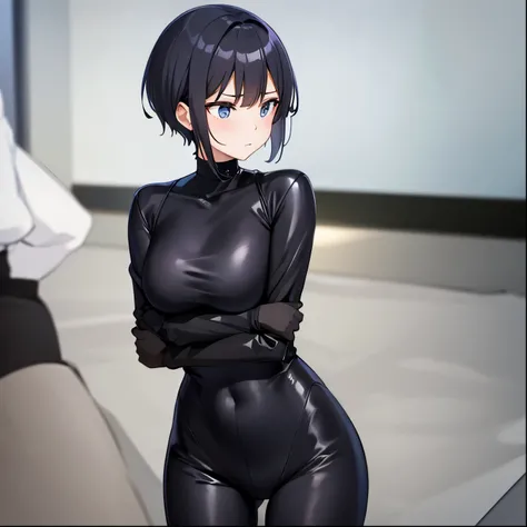 Black tight suit,girl,Very Short Hair,Black Hair,Boyish hairstyle,blush,Large Breasts,blue eyes,Serious face,Are standing,Cowboy Shot,Cool look,