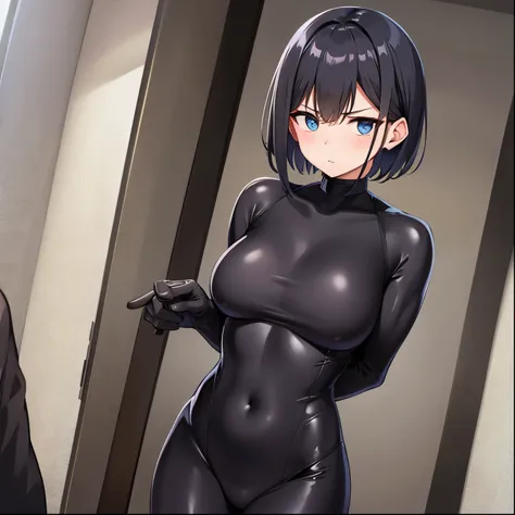 Black tight suit,girl,Very Short Hair,Black Hair,Boyish hairstyle,blush,Large Breasts,blue eyes,Serious face,Are standing,Cowboy Shot,Cool look,