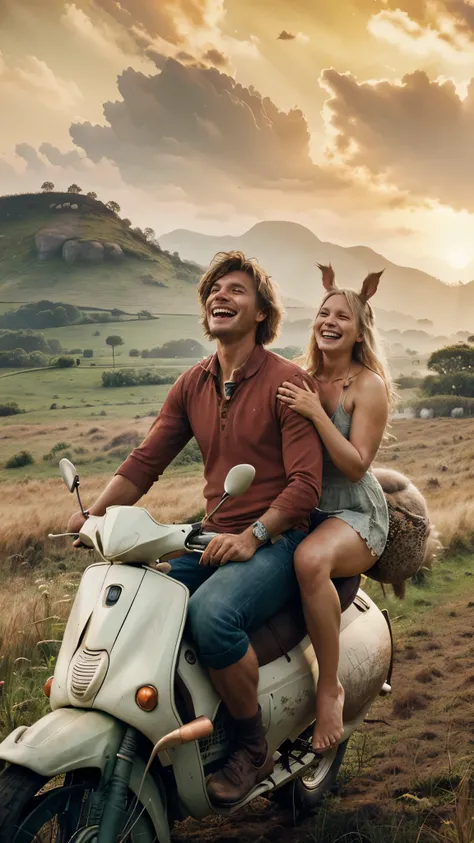 a couple riding a rhinoceros in a lush grassland, laughing happily, highly detailed portrait, masterpiece, anatomically correct, extremely detailed, super detailed, textured skin, white hair, teeth, rabbit ears, cinematic lighting, dramatic colors, vibrant...