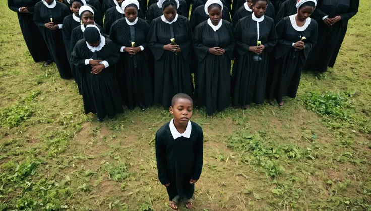 prompt: "aerial view of a solemn scene where a young african boy, around , stands alone in a large, open space surrounded by mou...