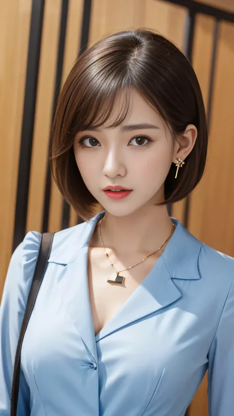 High resolution, Very detailed, Intricate details, 、ear piercing、Expressionless、short hair、Black Hair、Please open your mouth a little、Clear beauty,(High quality fabric, Office Lady Suits 、Necklace around the neck、, The background is the office

