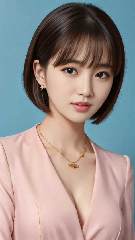 High resolution, Very detailed, Intricate details, 、ear piercing、Expressionless、short hair、Black Hair、Please open your mouth a little、Clear beauty,(High quality fabric, Office Lady Suits 、Necklace around the neck、, The background is the office

