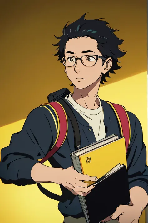 a boy with a backpack, holding books, wearing glasses, short black hair, student style, yellow background, 8k, ultra-detailed, hyperrealistic, cinematic lighting, vibrant colors, photorealistic, masterpiece，Not wearing glasses，Solid color background