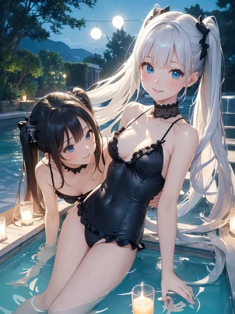 ((masterpiece)), ((highest quality、Ultra high definition)), (Very detailed),(8k、Photo quality)、((Amazingly cute girl)),1 girl)), Two people, , (Beautiful emerald blue eyes), ((smile、Small breasts)),In the open-air bath overlooking the sea, Beautifully arra...