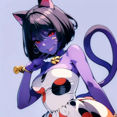 ((masterpiece,best quality,ultra-delicate,Perfect Face,16k,high resolution,very beautiful girl)), purple skin, cat ears, cat tail,
polka dots pattern white strapless dress, polka dots pattern white tights, black short hair, red eyes, large breasts, smil...