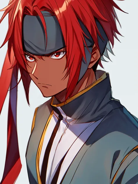 ((shinobi clothing)), {{blacksmith)}, ((Konoha Headband)), complementary colors, {{upper body}}, ((short hair)), ((red hair)),  ((serious expression)), ((very dark skin)), 1boy, beautifully drawn, high resolution illustration, best quality, High definition...