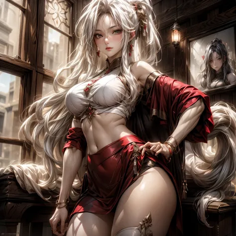 (best quality)), ((Masterpiece)), (details:1.4), 3d, HDR (high dynamic range), an image of a beautiful cyberpunk female, fantasy, medieval, black hair, high ponytail, Hips up, Beautiful White eyes, จมูกโด่ง, ปากแดง, หน้าอกใหญ่, nvidia RTX, PBR surface, Aft...