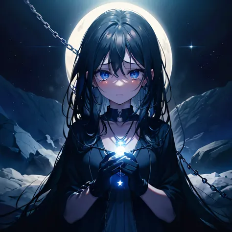 (((Pulling with chain)))　((high resolution　Black Hair　Long hair　Dark blue eyes　　Lonely　despair))　((necklace　Tears　Gloves))　(night　Distorted space-time　Star　moon　)　Go for a ride　Light