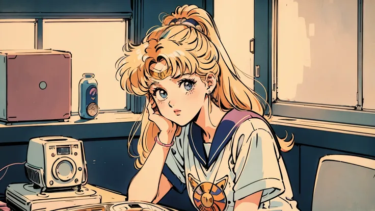 Sailor Moon、Sailor Venus,Blonde、 the 90s, Romance Anime Style, T-Shirts, Lip gloss,Neon Light,Vintage Radio、Wearing 1980s clothing、Play music in a nostalgic room with a record deck