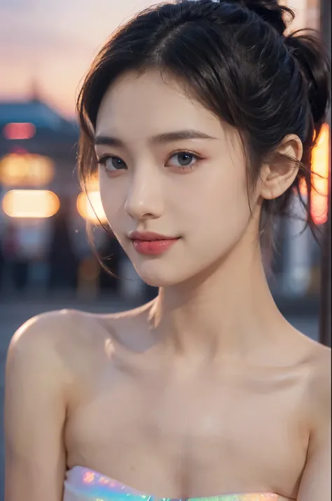 (((best quality))),(((ultra detailed))),(((masterpiece))),illustration,((1 beautiful girl,solo)),((short half ponytail,short hair)),(fair skin:1.3),(detailed eyes:1.3),(smile:1.3),((slim,thin)),((small breasts,flat chest)), (strapless white bra:1.3),((vibr...