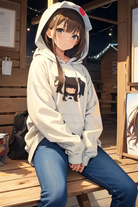  girl.Brown hair and hazel eyes.Wearing a hoodie and jeans.Painting on the wall at night.グラフィティアート 1人のgirl, High resolution, masterpiece, high quality, 