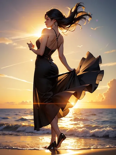 (realistic photo:1.37), Summer sea evening sunset, Sunset overlap the person, The sunset is reflected on the sea surface, (Dazzling sunset:1.4, beautiful evening sunset:1.3), (1 beautiful female, Back view of the beach), (((looking beyond the horizon))), (...