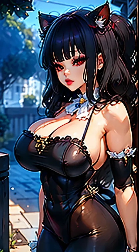 NSFW (Best Quality, 4k, masterpiece :1.3), pretty Woman, hyper realistic, 1 girl, junkotvv, cat ears, red eyes, (massive breasts, attractive body :1.2), ABS :1.1, wet body :1.2), Ultra detailed face, detailed lips, detailed red eyes, double eyelid, open ne...