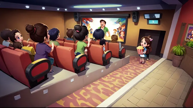 bright，movie theater，a group of audiences watching a movie，original scene painting，character q version，cute