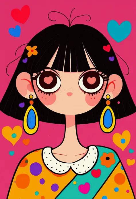 Flat Wind,Vector,Childish art cartoon,Cartoon girl with black hair and big earrings,Big eyes-heart pupil,eyelash,Cute expression,Bangs,Minimalism, White collar,Lovely art style, rich and colorful! Digital illustration style, The art of math. rich and color...