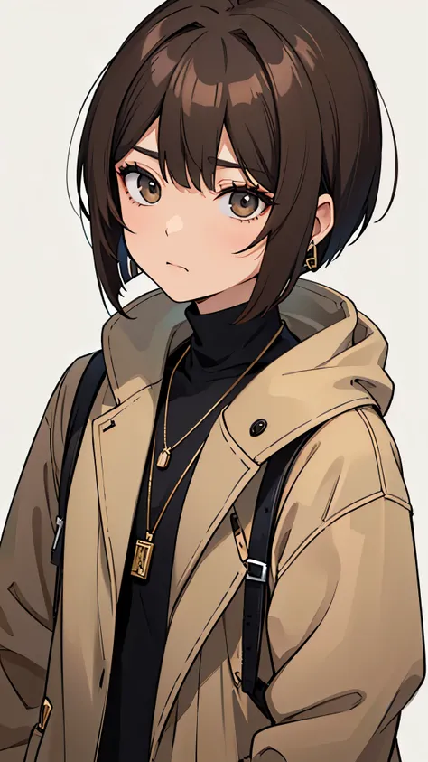 Korean adult woman, medium-length brown hair, bob haircut, grunge, aesthetic, black turtleneck, coat, necklaces, hoop earrings, 1, neutral expression, calm, expressionless