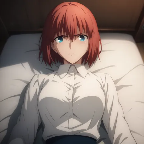 sauce_anime, ambient light,
1 girl , tall girl,, straight hair ,bob cut hair, red hair, deep blue eyes, hair between eyes, perfect eyes ,wince ,frown, Perfect face, expressive eyes,
(show off breast), (undress open white dress shirt),arms up,, detailed nip...