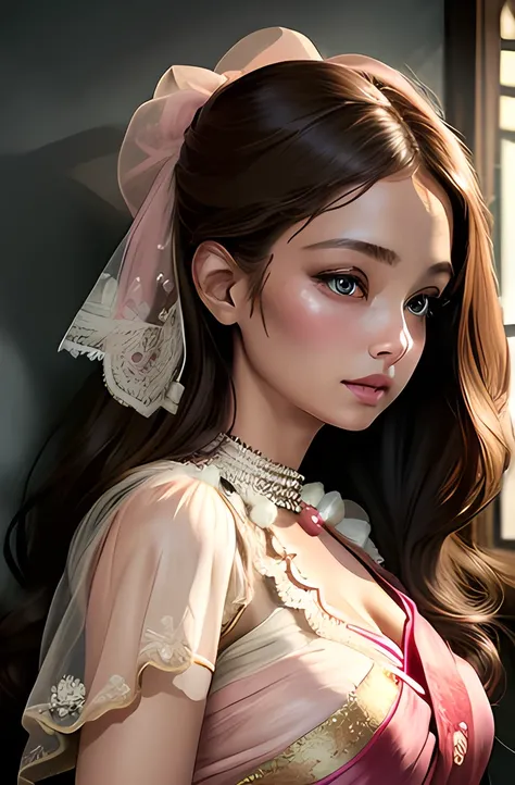 Masterpiece, best quality, super detailed, illustration, beautiful detailed eyes, a women,30 years old. It is brown hair, pink bow, white embroidered saree, deep cleavage blouse. Seducing on the wall and rummage through the wordrobe , ultra, HD, realism, 1...